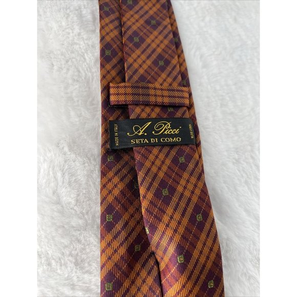 A. Picci Seta Di Como  Mens Neck Tie Silk Brown Striped Plaid Italy - Picture 4 of 7